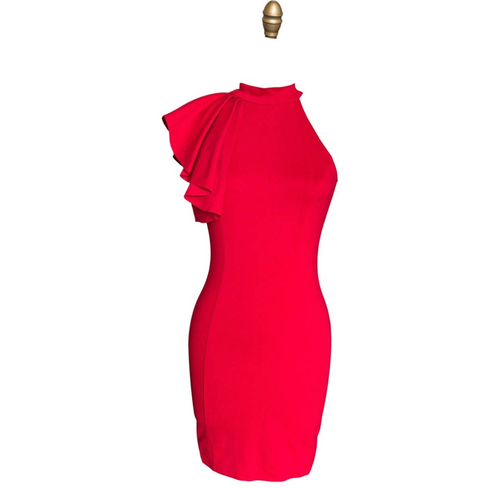 Necessary Objects Dress Womens Small Red One Shoulder Ruffle Mock Neck WO-5882